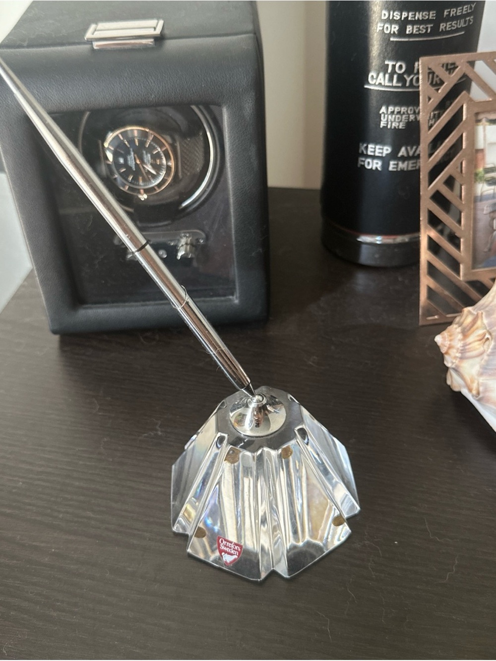 Orrefors Sweden Crystal Desk Pen Holder Paperweight Full Crystal Base - Signed